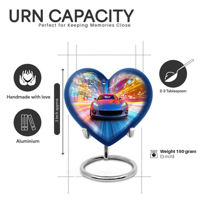 Twilight Blue Car Cremation Urn front view showing detailed design - romantic heart urn with car motif on aluminum - mini keepsake memorial for portion of cremation ashes