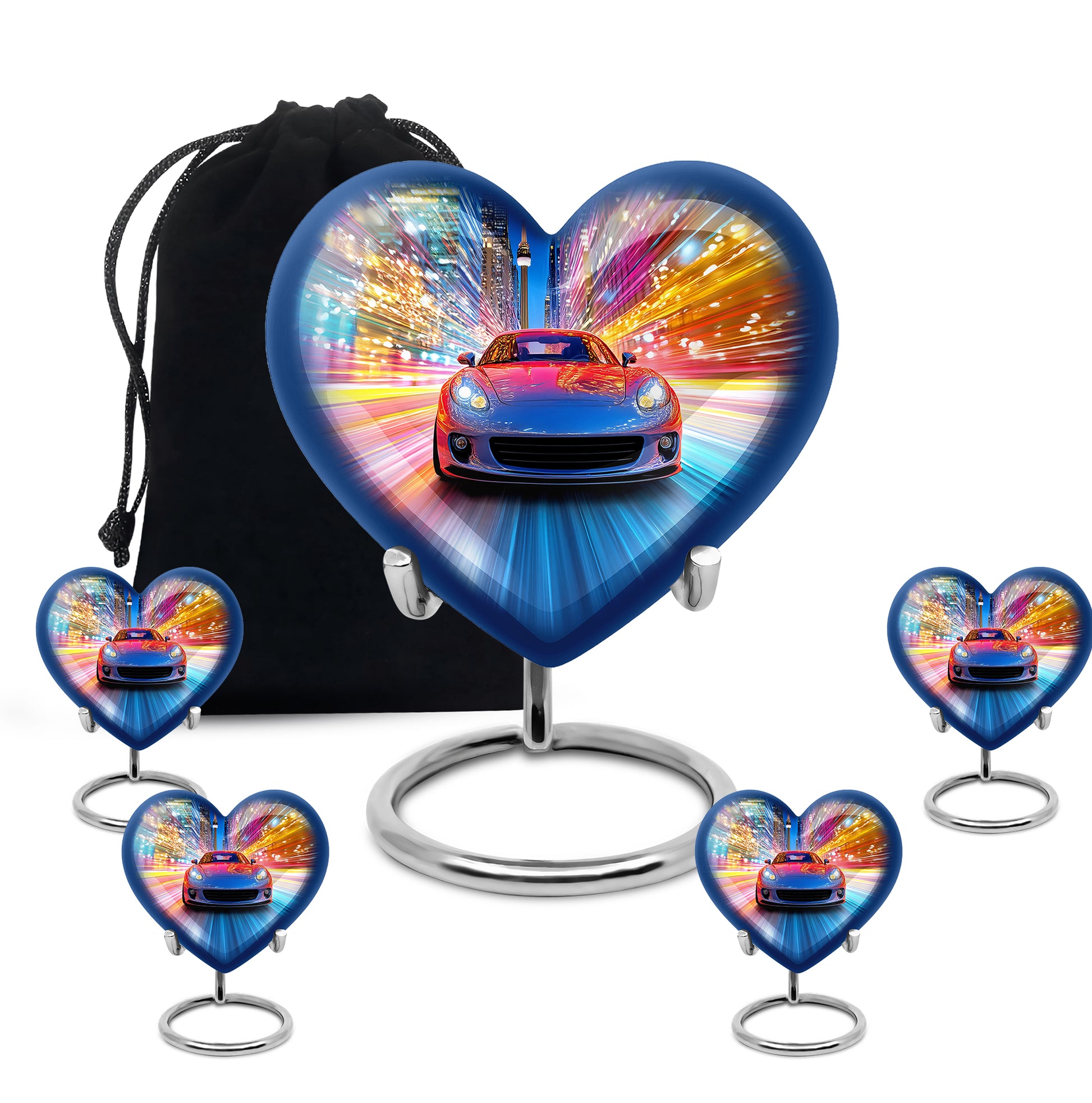 Calming Blue Car Cremation Urn close-up of engraving and surface detail - romantic heart urn with car motif on aluminum - memorial set with one large and four small urns