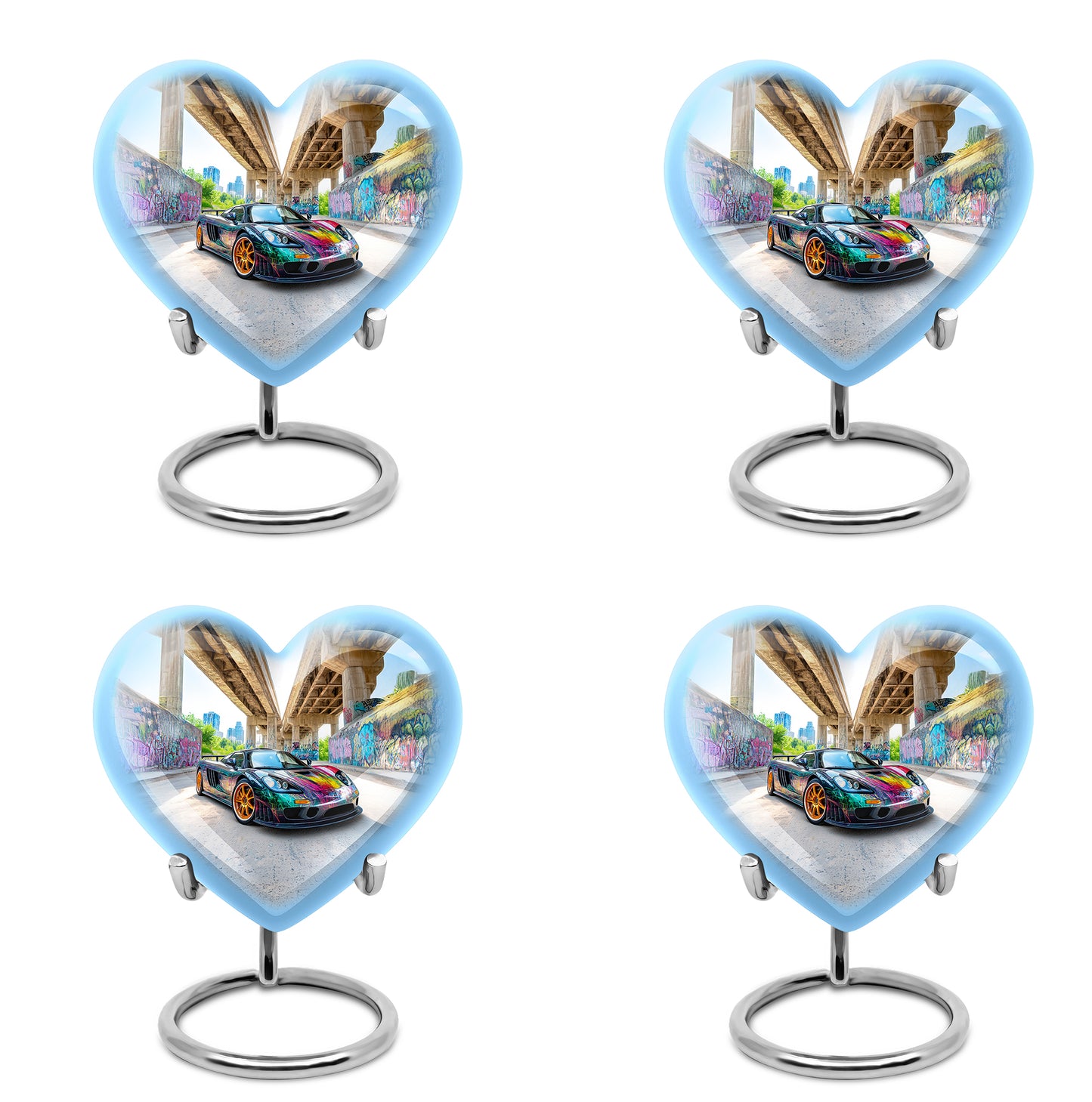 Steel Blue Car Cremation Urn angled view of lid and engraved motif - romantic heart urn with car motif on aluminum - 10 inch aluminum urn for cremated remains