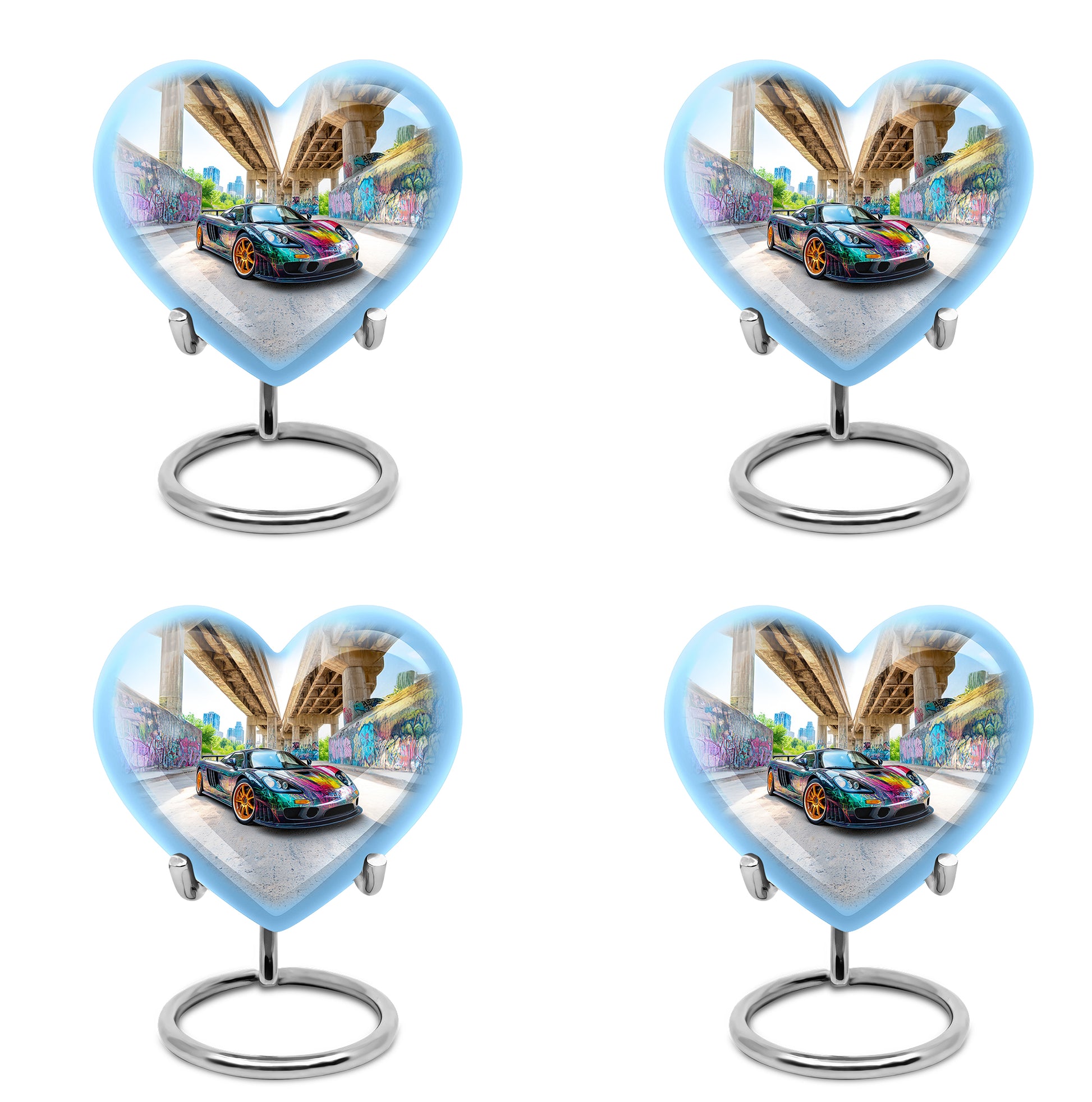Steel Blue Car Cremation Urn angled view of lid and engraved motif - romantic heart urn with car motif on aluminum - 10 inch aluminum urn for cremated remains