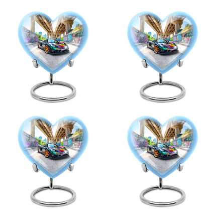 Steel Blue Car Cremation Urn angled view of lid and engraved motif - romantic heart urn with car motif on aluminum - 10 inch aluminum urn for cremated remains