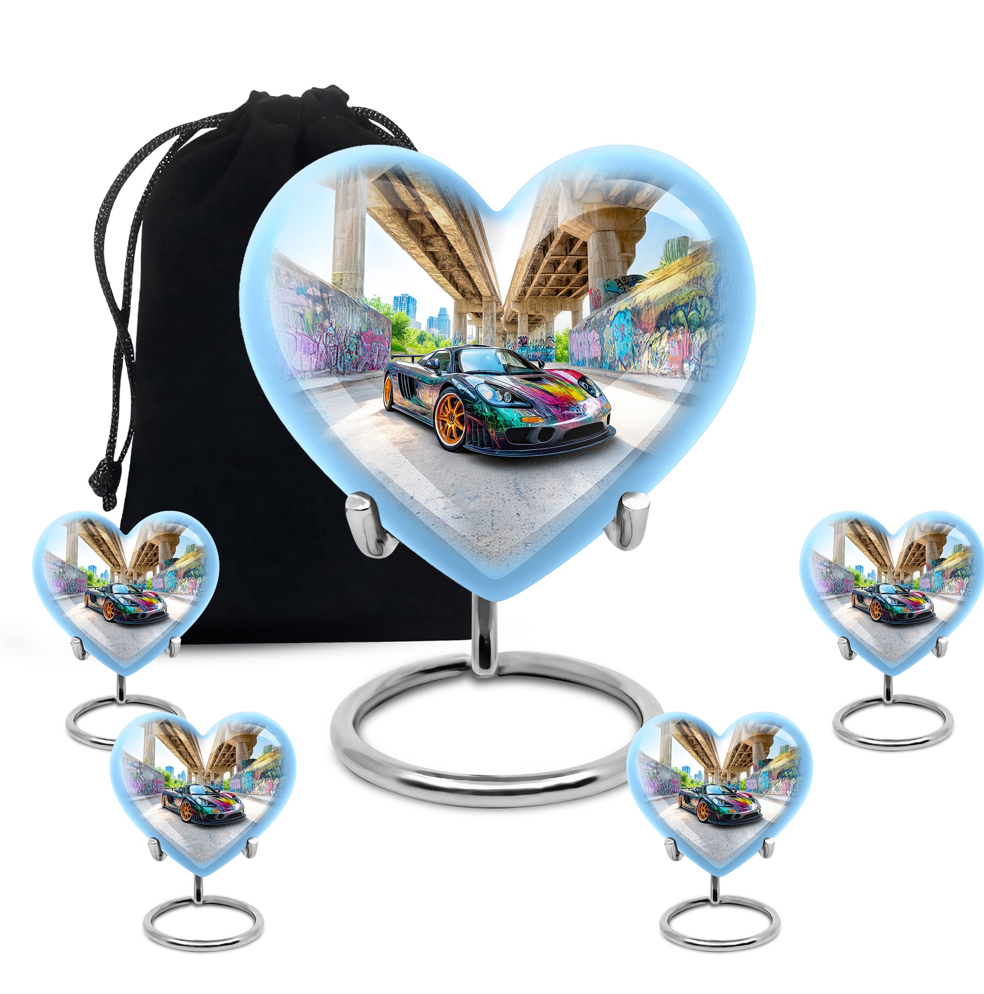 Cornflower Blue Car Cremation Urn close-up of engraving and surface detail - compassionate heart-car combination with gentle curves - memorial set with one large and four small urns