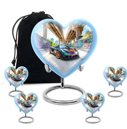 Cornflower Blue Car Cremation Urn close-up of engraving and surface detail - compassionate heart-car combination with gentle curves - memorial set with one large and four small urns