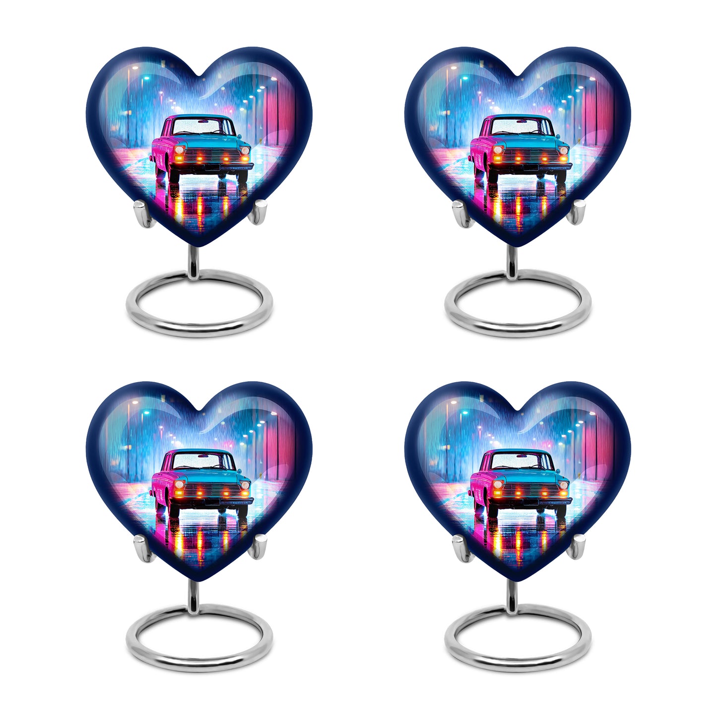 Cobalt Blue Car Cremation Urn angled view of lid and engraved motif - romantic heart urn with car motif on aluminum - 10 inch aluminum urn for cremated remains