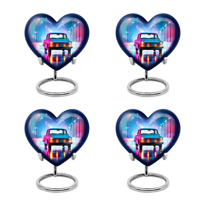 Cobalt Blue Car Cremation Urn angled view of lid and engraved motif - romantic heart urn with car motif on aluminum - 10 inch aluminum urn for cremated remains