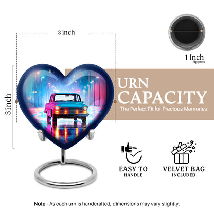 Royal Blue Car Cremation Urn front view showing detailed design - compassionate heart-car combination with gentle curves - mini keepsake memorial for portion of cremation ashes
