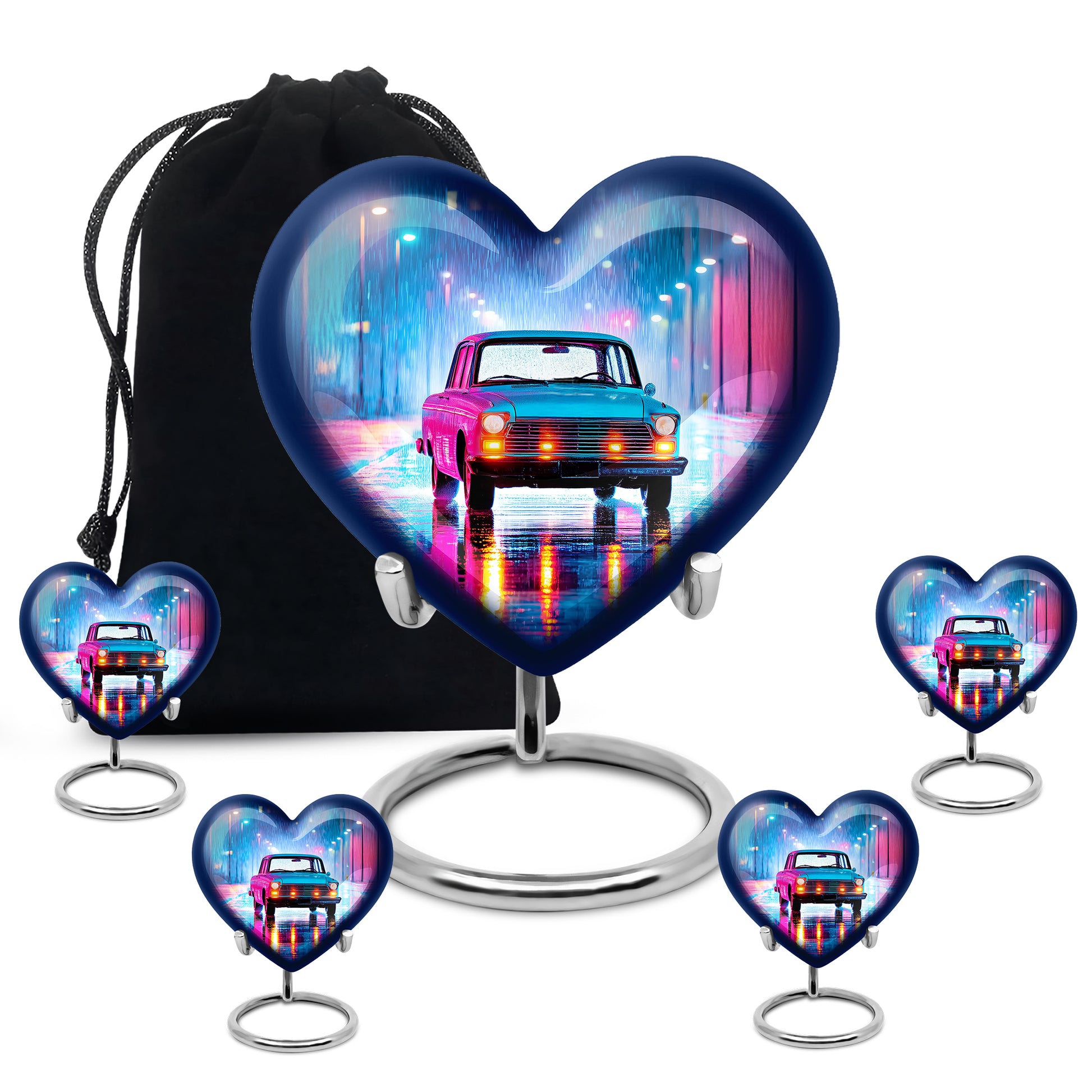 Steel Blue Car Cremation Urn close-up of engraving and surface detail - romantic heart urn with car motif on aluminum - memorial set with one large and four small urns