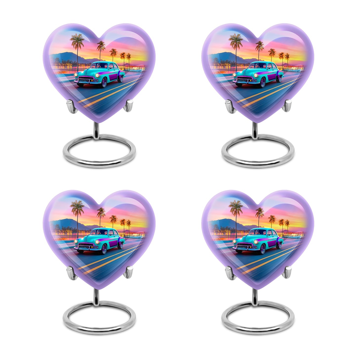 Vivid Blue Car Cremation Urn angled view of lid and engraved motif - romantic heart urn with car motif on aluminum - 10 inch aluminum urn for cremated remains