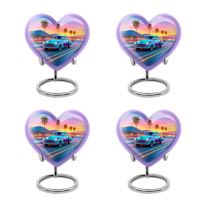 Vivid Blue Car Cremation Urn angled view of lid and engraved motif - romantic heart urn with car motif on aluminum - 10 inch aluminum urn for cremated remains