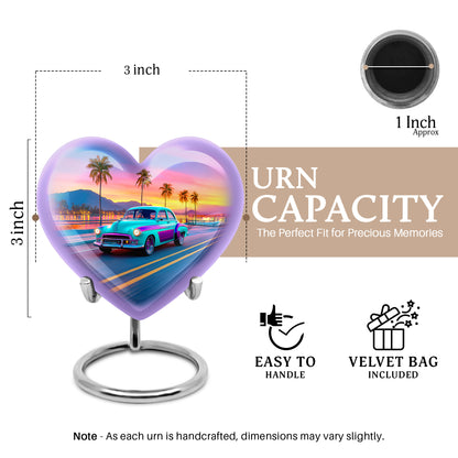 Cobalt Blue Car Cremation Urn front view showing detailed design - compassionate heart-car combination with gentle curves - mini keepsake memorial for portion of cremation ashes
