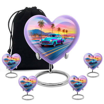 Royal Blue Car Cremation Urn close-up of engraving and surface detail - romantic heart urn with car motif on aluminum - memorial set with one large and four small urns