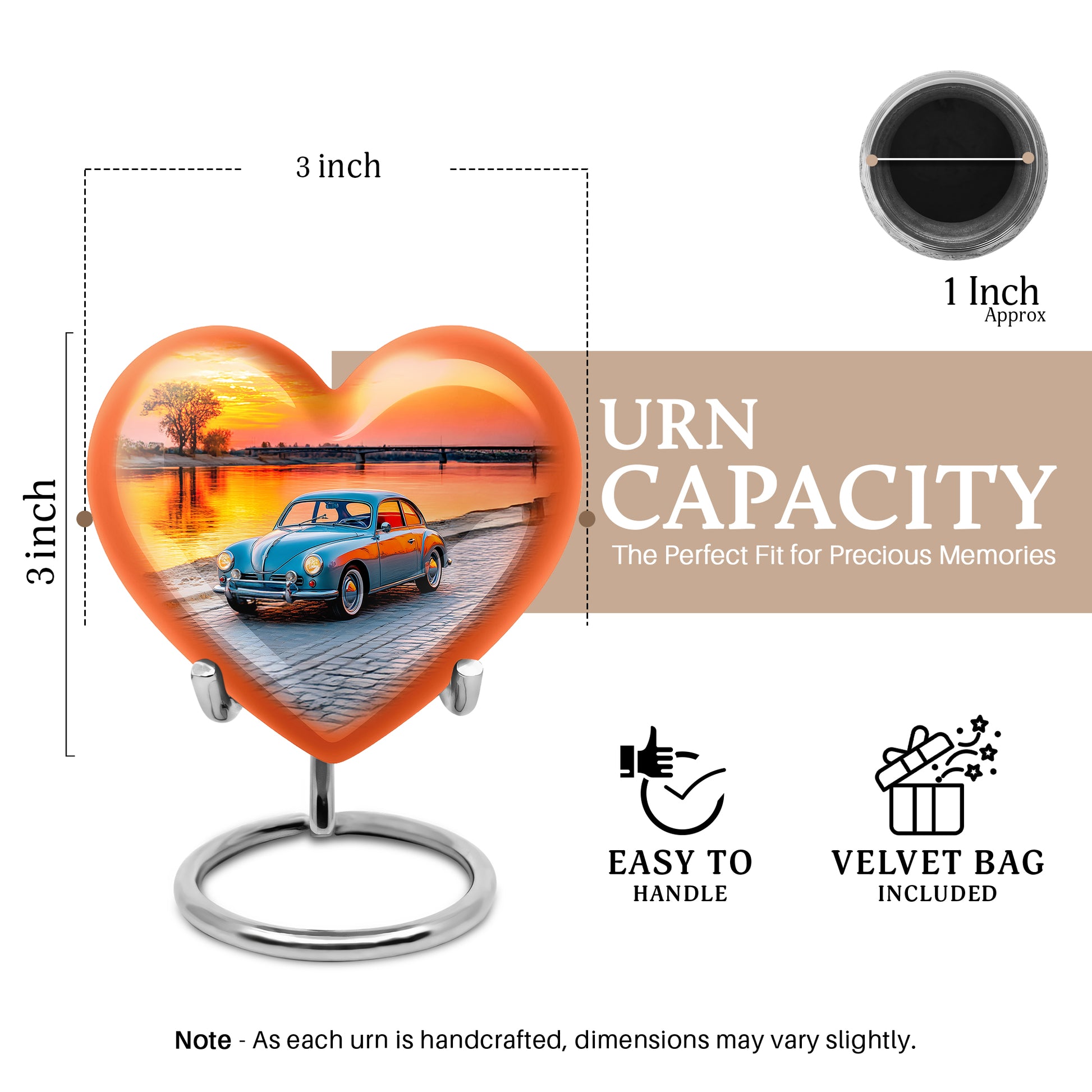 Dusty Pink Car Cremation Urn front view showing detailed design - romantic heart urn with car motif on aluminum - mini keepsake memorial for portion of cremation ashes