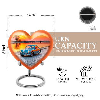 Dusty Pink Car Cremation Urn front view showing detailed design - romantic heart urn with car motif on aluminum - mini keepsake memorial for portion of cremation ashes