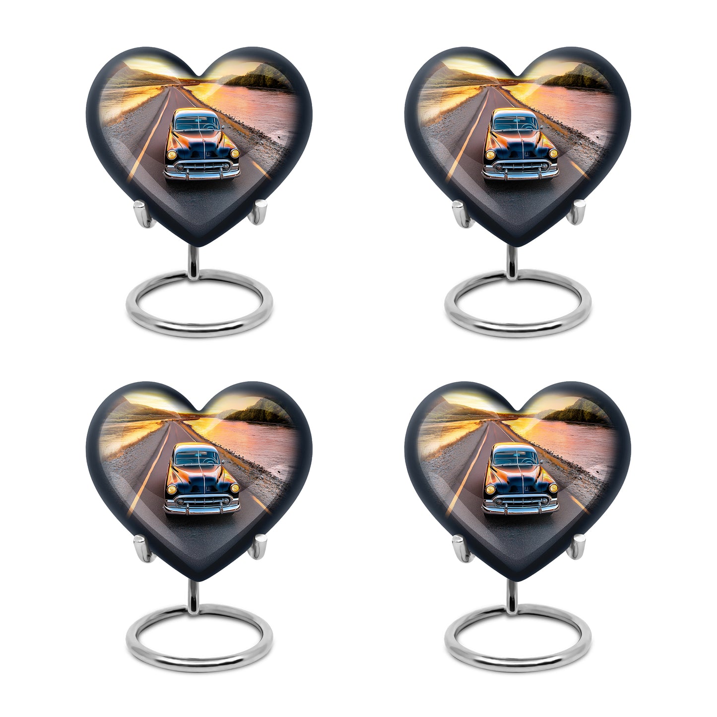 Bright Blue Car Cremation Urn angled view of lid and engraved motif - romantic heart urn with car motif on aluminum - 10 inch aluminum urn for cremated remains