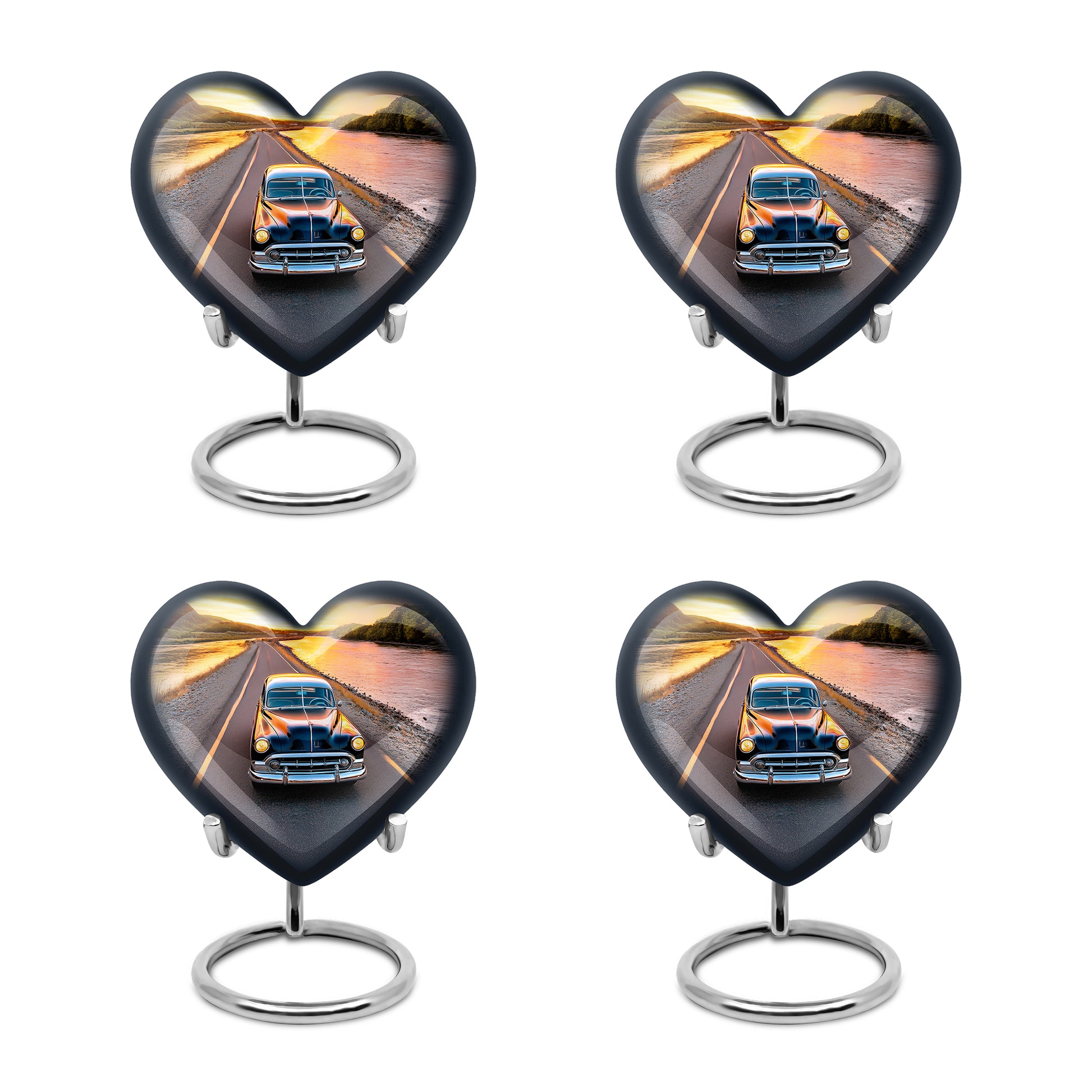 Bright Blue Car Cremation Urn angled view of lid and engraved motif - romantic heart urn with car motif on aluminum - 10 inch aluminum urn for cremated remains