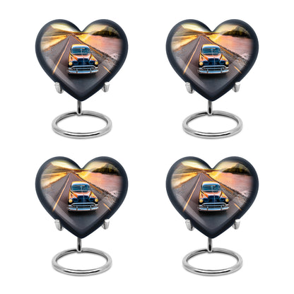 Bright Blue Car Cremation Urn angled view of lid and engraved motif - romantic heart urn with car motif on aluminum - 10 inch aluminum urn for cremated remains