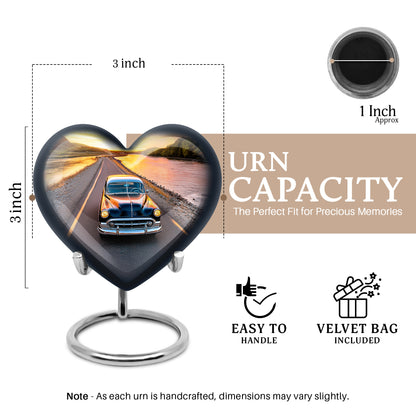 Indigo Car Cremation Urn front view showing detailed design - loving heart memorial featuring car pattern - mini keepsake memorial for portion of cremation ashes