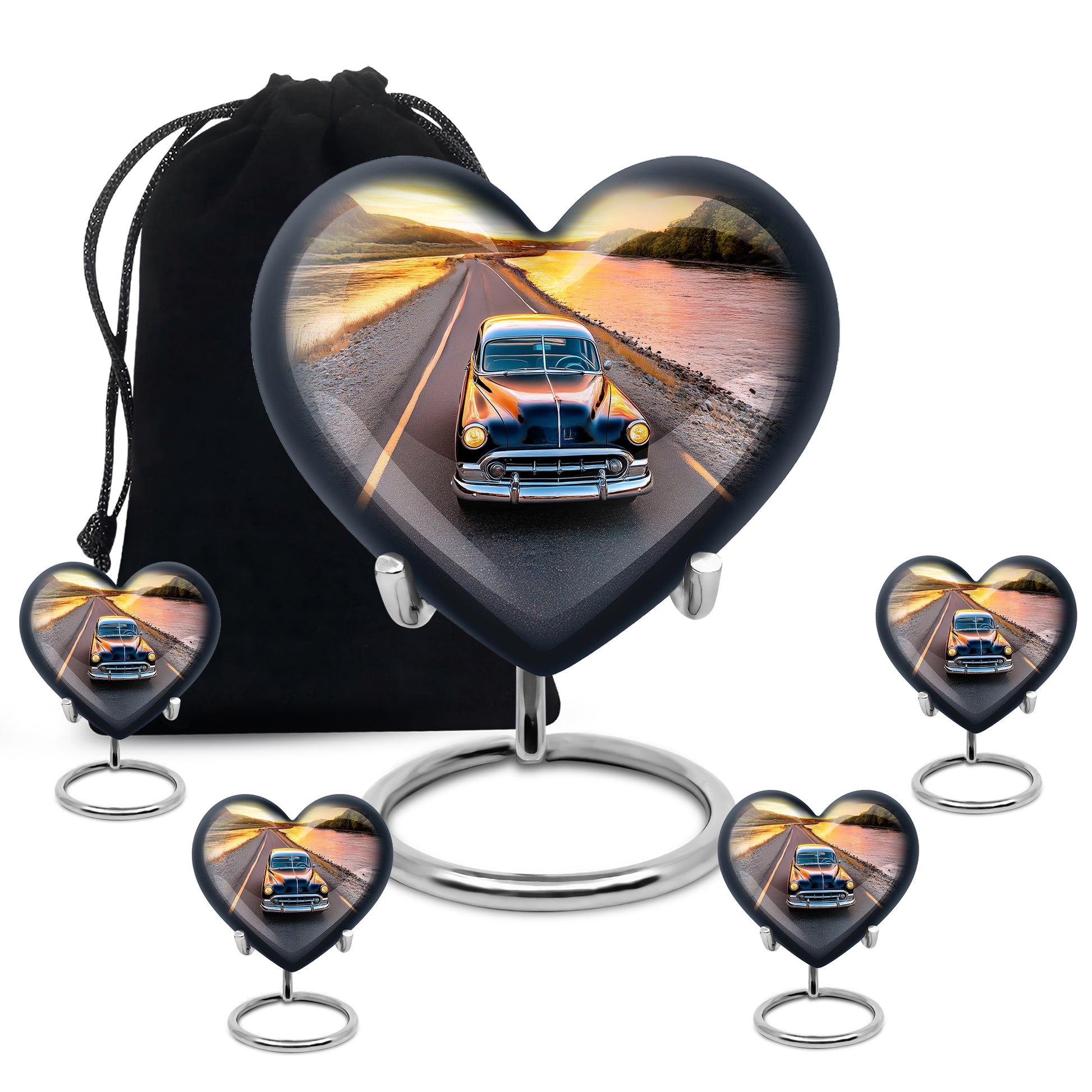 Slate Blue Car Cremation Urn close-up of engraving and surface detail - loving heart memorial featuring car pattern - memorial set with one large and four small urns