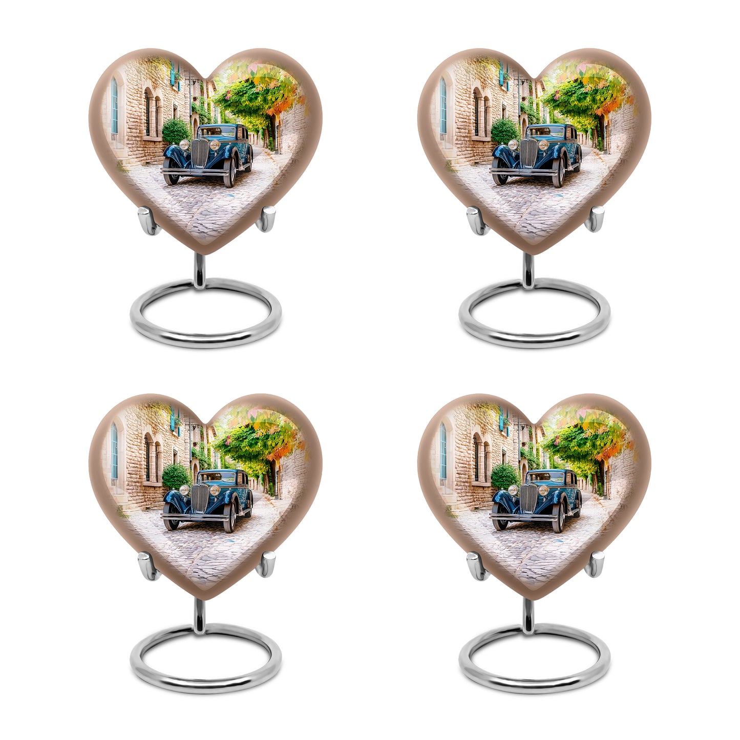 Champagne Gold Car Cremation Urn angled view of lid and engraved motif - loving heart memorial featuring car pattern - 10 inch aluminum urn for cremated remains