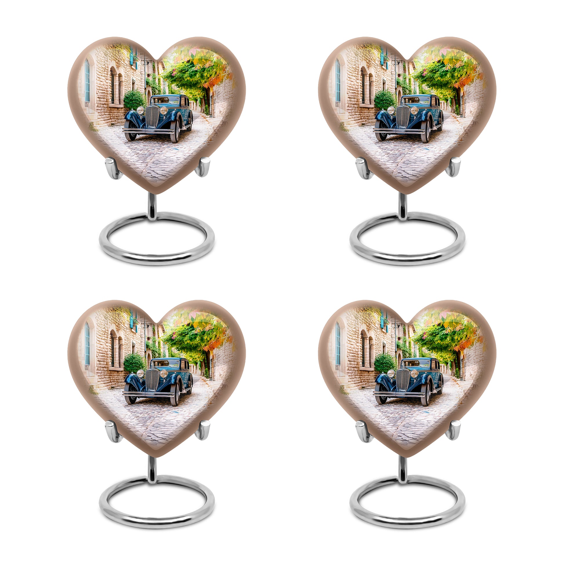 Champagne Gold Car Cremation Urn angled view of lid and engraved motif - loving heart memorial featuring car pattern - 10 inch aluminum urn for cremated remains