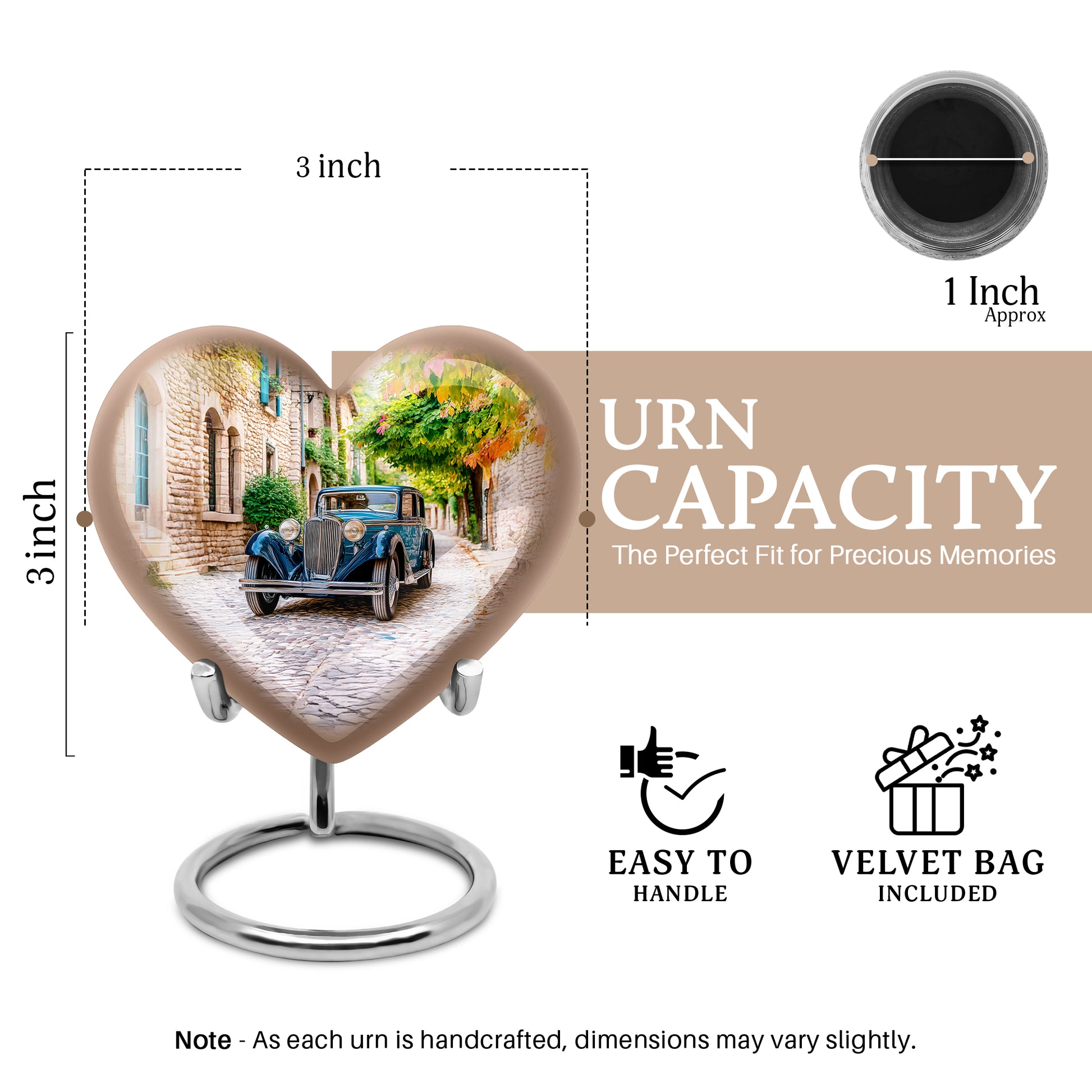 Matte Gold Car Cremation Urn front view showing detailed design - compassionate heart-car combination with gentle curves - mini keepsake memorial for portion of cremation ashes