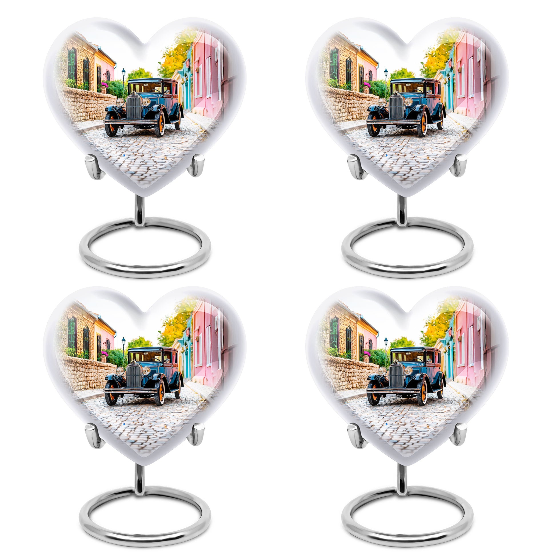 Cloud White Car Cremation Urn angled view of lid and engraved motif - compassionate heart-car combination with gentle curves - 10 inch aluminum urn for cremated remains