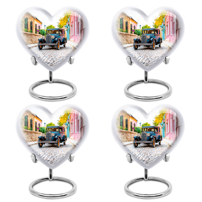 Cloud White Car Cremation Urn angled view of lid and engraved motif - compassionate heart-car combination with gentle curves - 10 inch aluminum urn for cremated remains