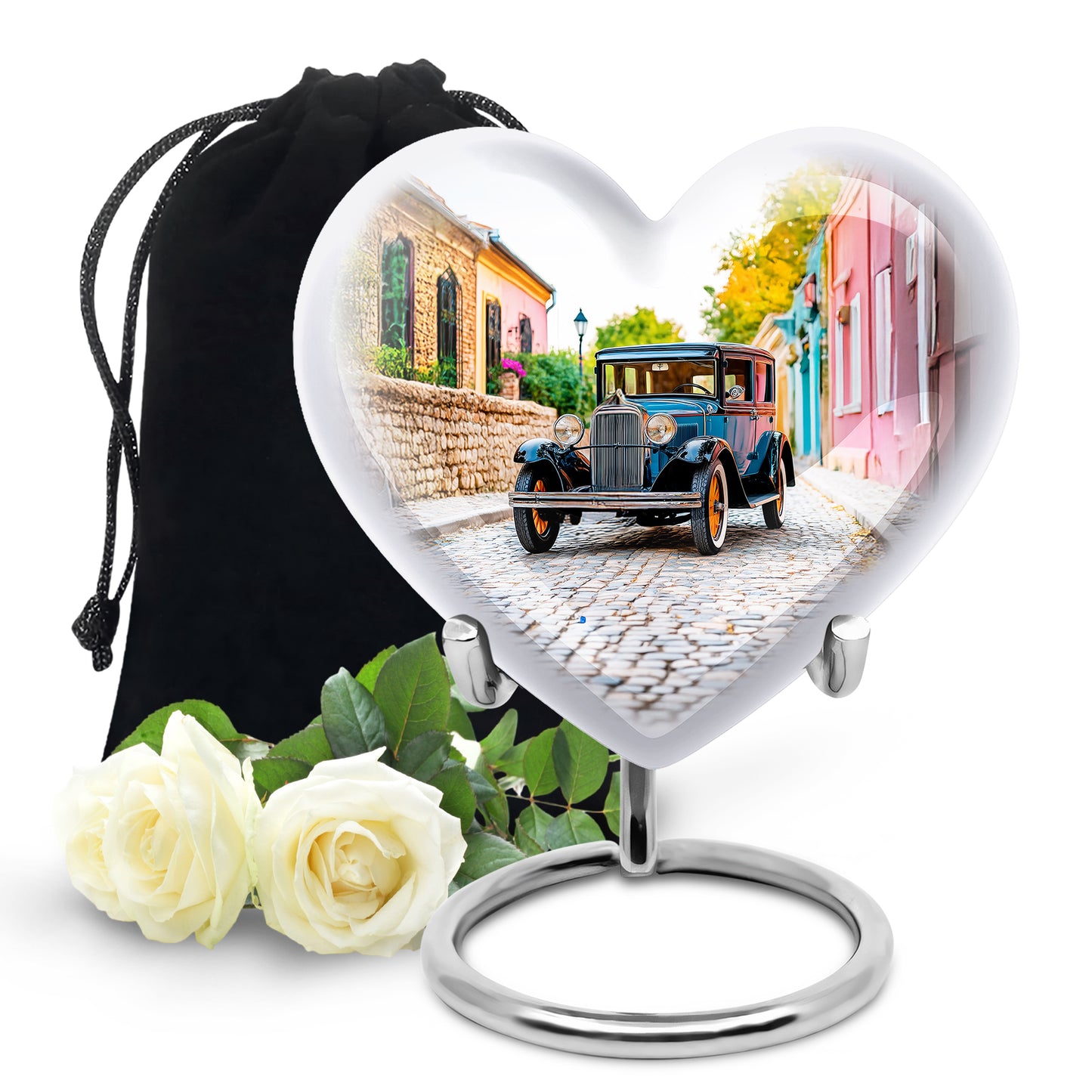 Alabaster White Car Cremation Urn detail view - heart-shaped car design symbolizing eternal love - full-size 10 inch 200 cubic inch adult cremation urn