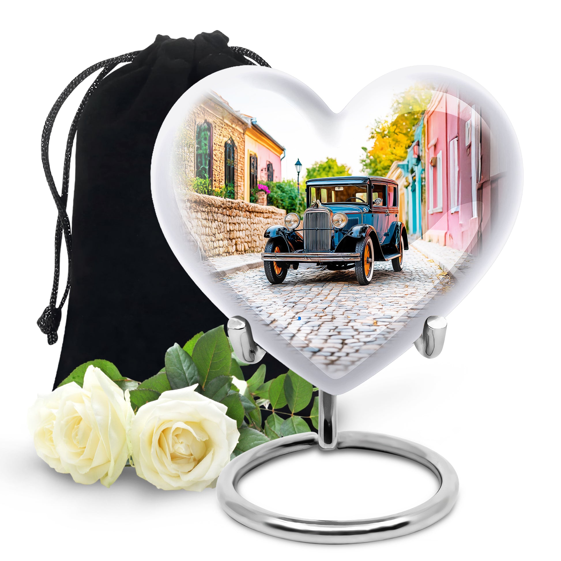 Alabaster White Car Cremation Urn detail view - heart-shaped car design symbolizing eternal love - full-size 10 inch 200 cubic inch adult cremation urn