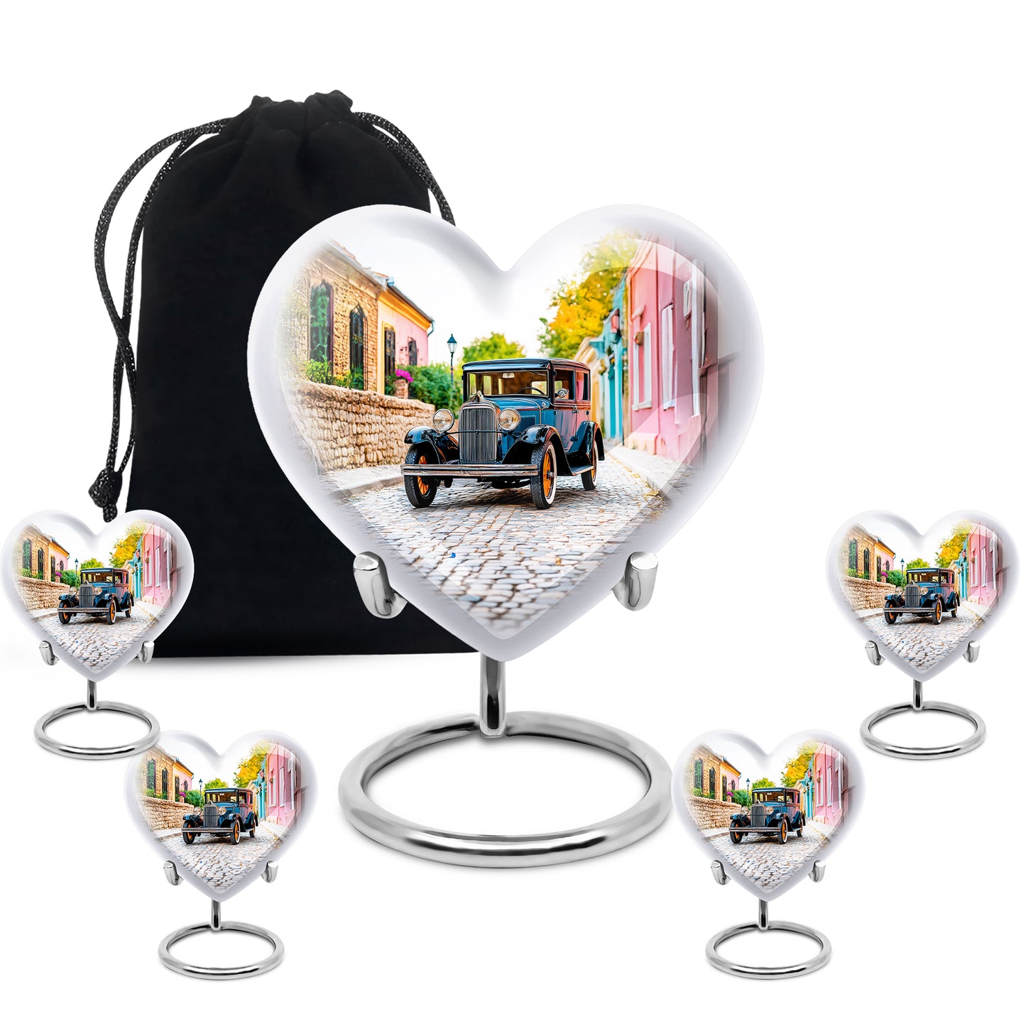 Ivory White Car Cremation Urn close-up of engraving and surface detail - heart-shaped car design symbolizing eternal love - memorial set with one large and four small urns
