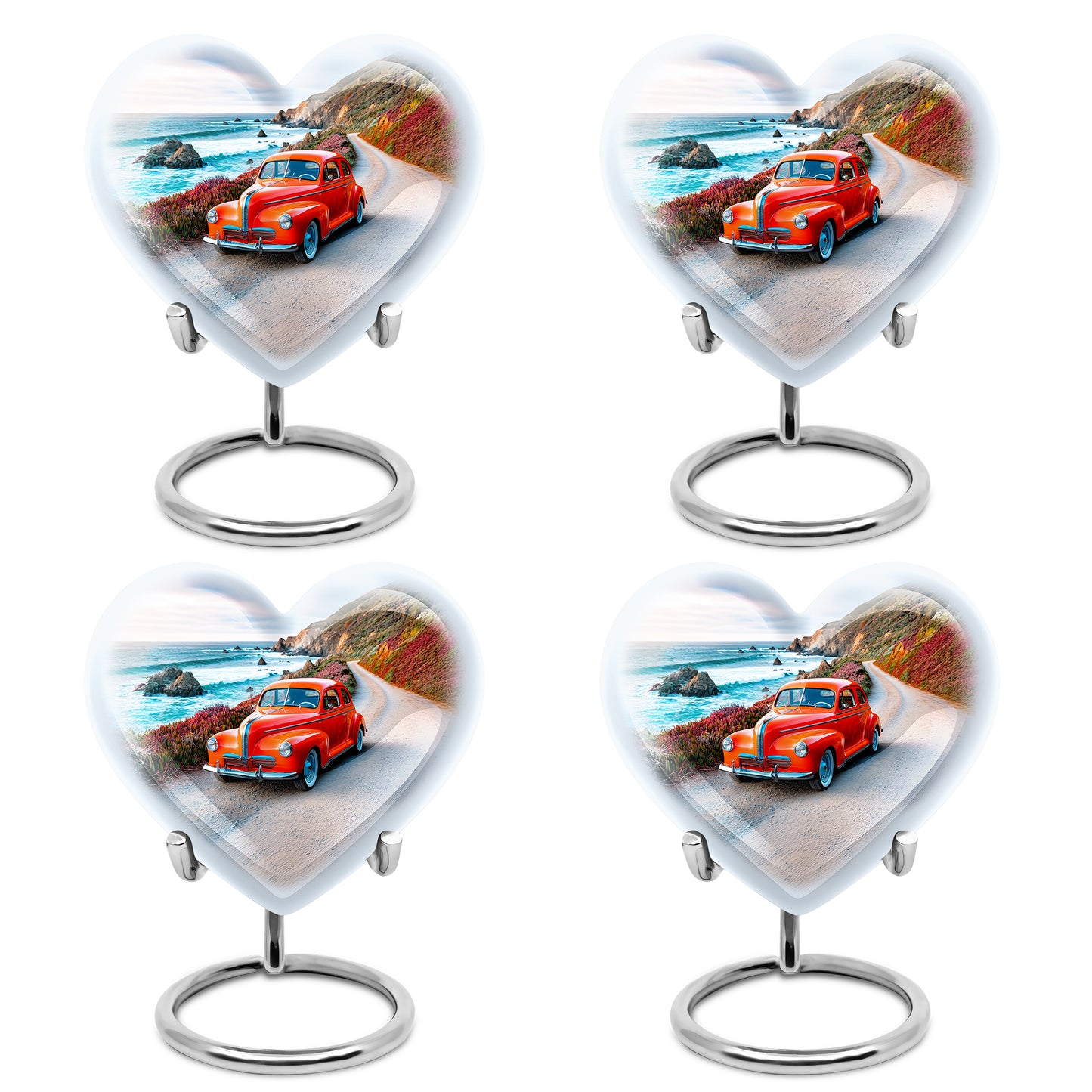 Powder Blue Car Cremation Urn angled view of lid and engraved motif - heart-shaped car design symbolizing eternal love - 10 inch aluminum urn for cremated remains