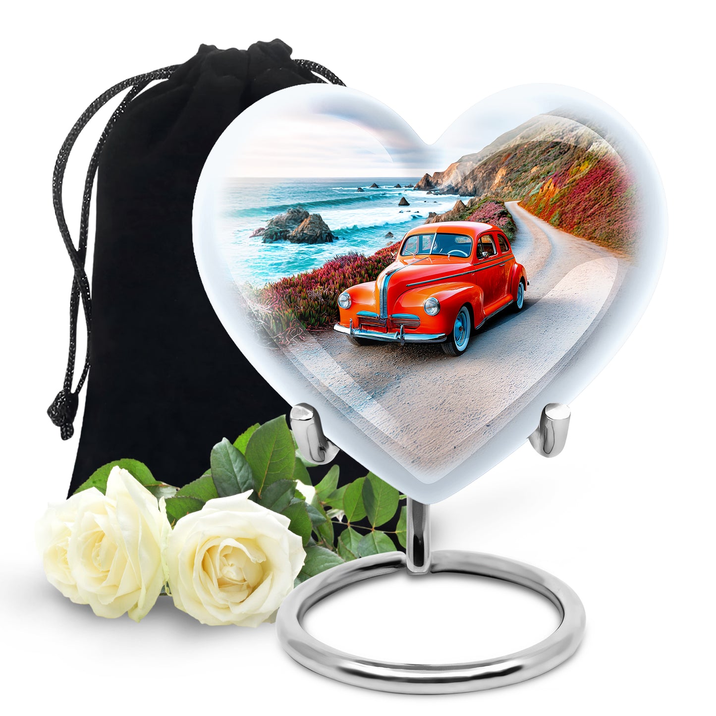 Steel Blue Car Cremation Urn detail view - compassionate heart-car combination with gentle curves - full-size 10 inch 200 cubic inch adult cremation urn