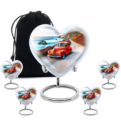 Calming Blue Car Cremation Urn close-up of engraving and surface detail - romantic heart urn with car motif on aluminum - memorial set with one large and four small urns