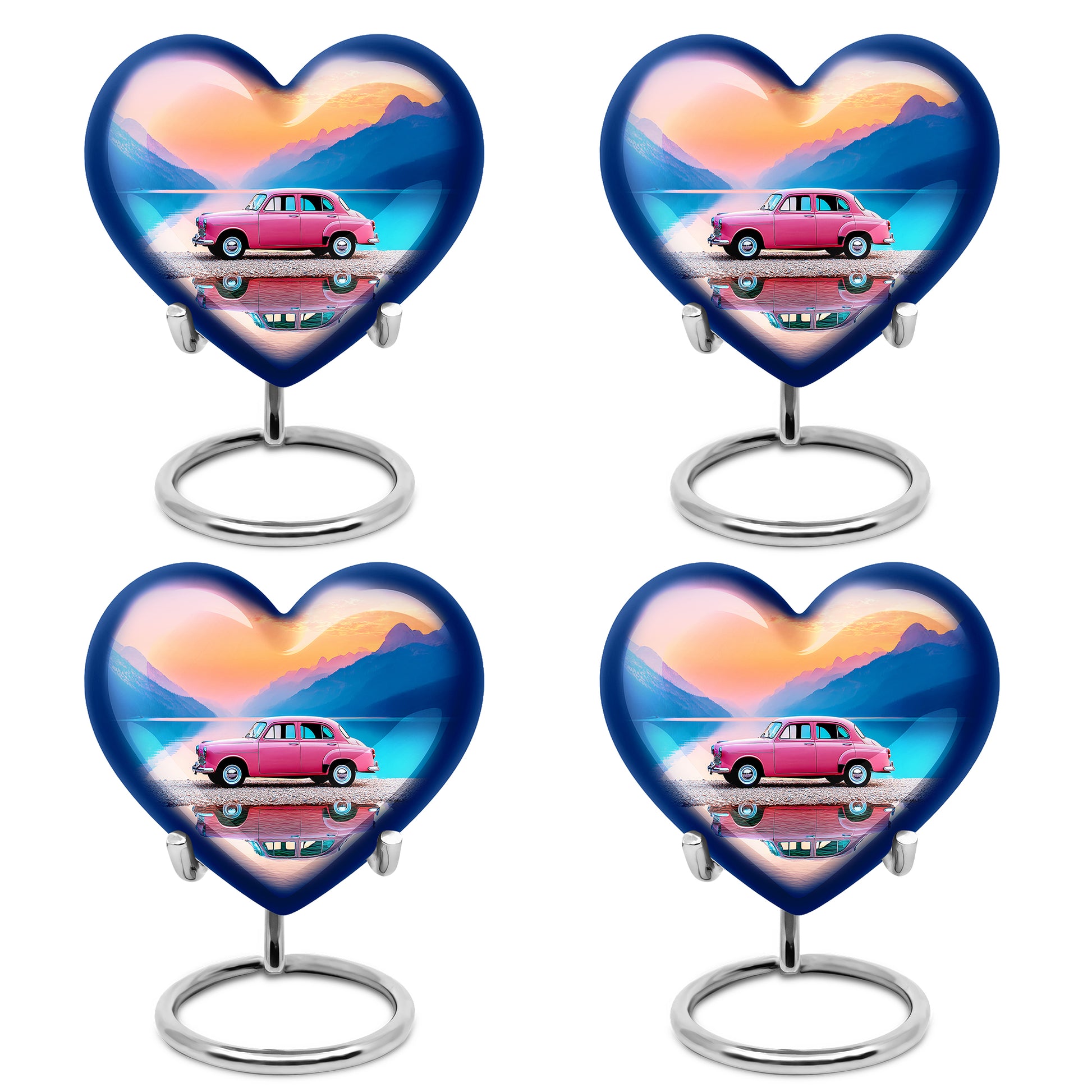 Deep Red Car Cremation Urn angled view of lid and engraved motif - heart-shaped car design symbolizing eternal love - 10 inch aluminum urn for cremated remains