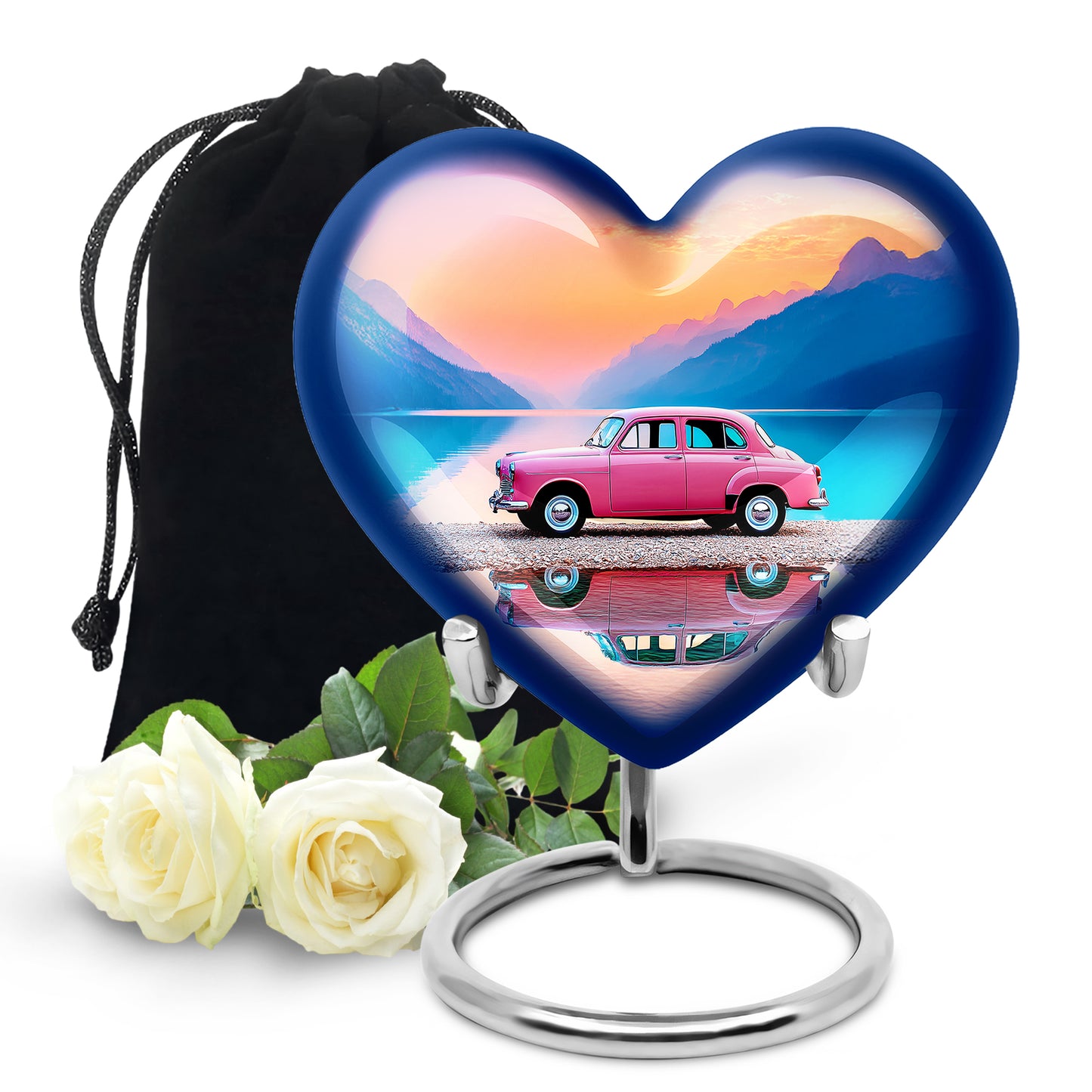 Cherry Red Car Cremation Urn detail view - compassionate heart-car combination with gentle curves - full-size 10 inch 200 cubic inch adult cremation urn