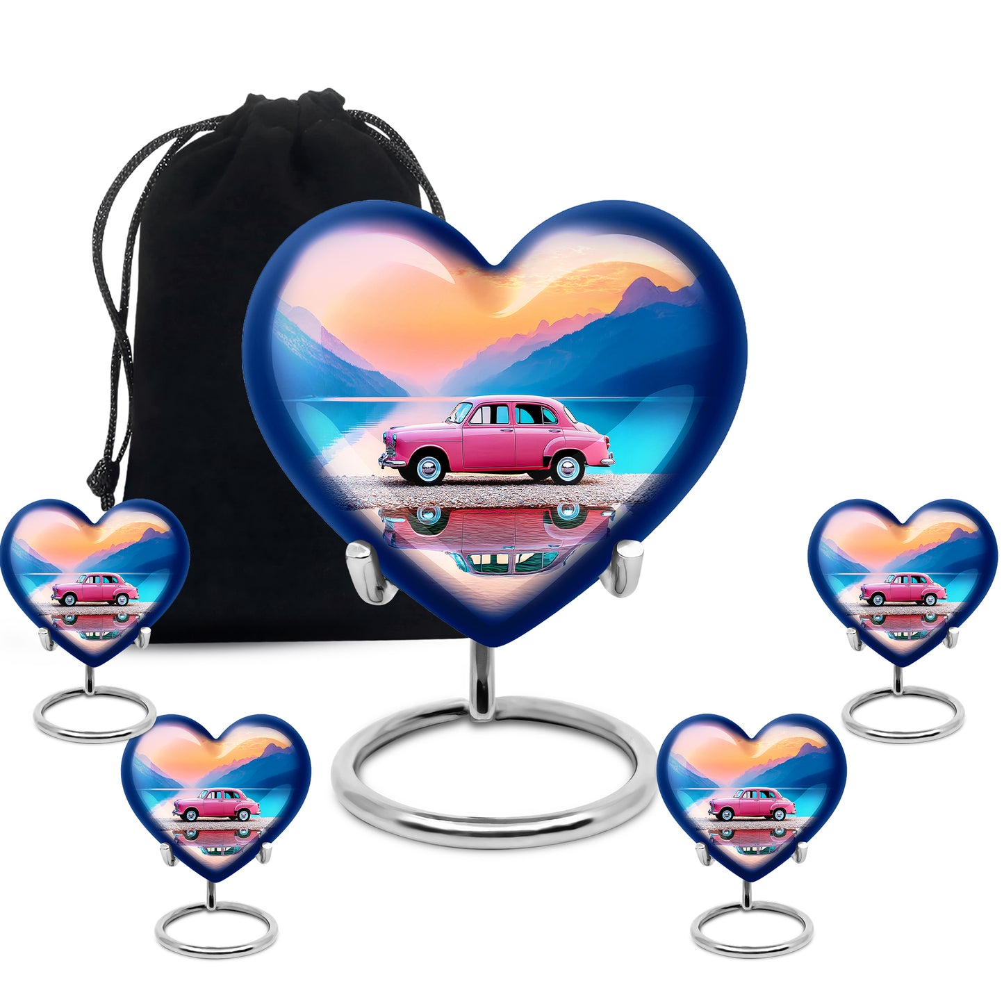 Crimson Red Car Cremation Urn close-up of engraving and surface detail - heart-shaped car design symbolizing eternal love - memorial set with one large and four small urns