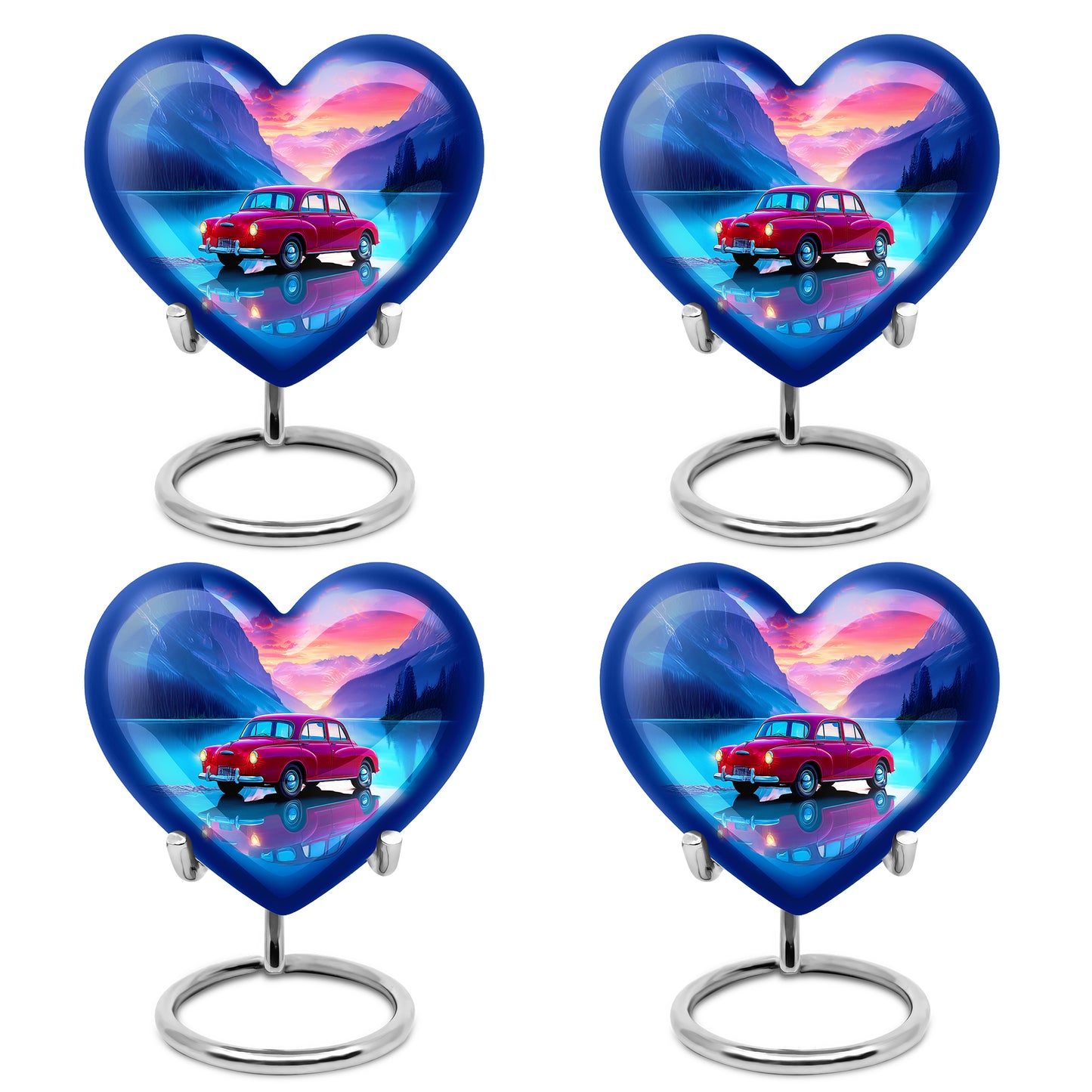 Icy Blue Car Cremation Urn angled view of lid and engraved motif - loving heart memorial featuring car pattern - 10 inch aluminum urn for cremated remains