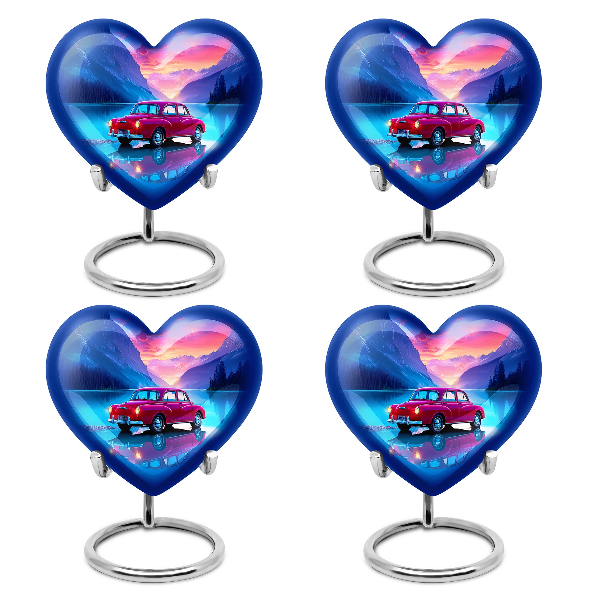 Icy Blue Car Cremation Urn angled view of lid and engraved motif - loving heart memorial featuring car pattern - 10 inch aluminum urn for cremated remains
