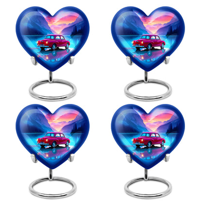 Icy Blue Car Cremation Urn angled view of lid and engraved motif - loving heart memorial featuring car pattern - 10 inch aluminum urn for cremated remains