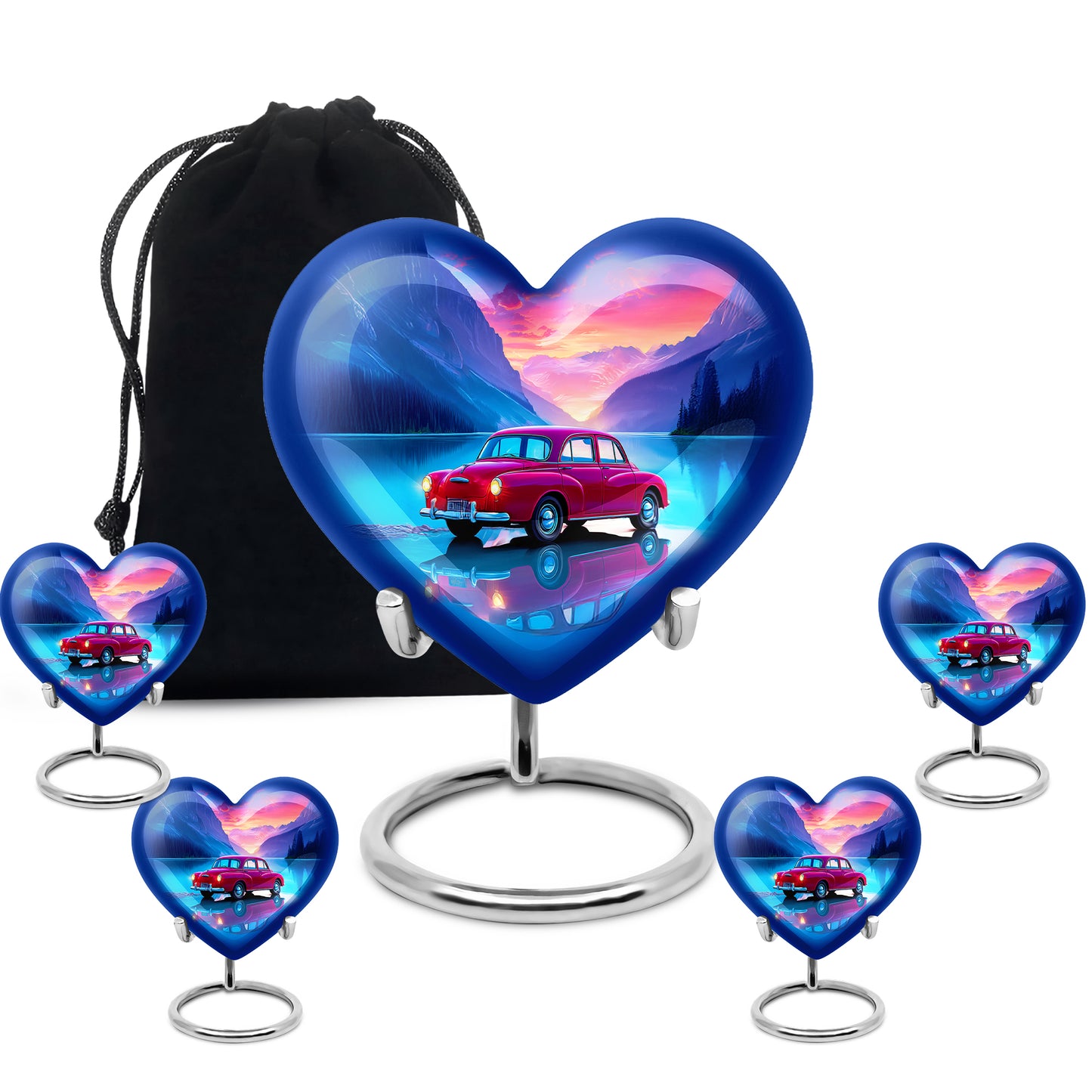 Azure Car Cremation Urn close-up of engraving and surface detail - loving heart memorial featuring car pattern - memorial set with one large and four small urns