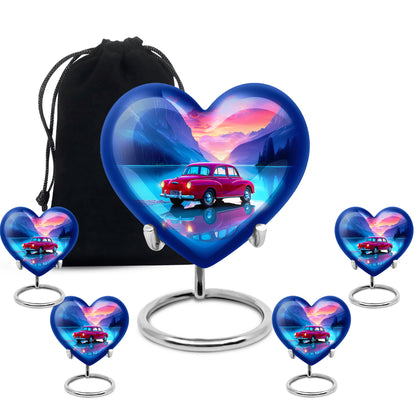Azure Car Cremation Urn close-up of engraving and surface detail - loving heart memorial featuring car pattern - memorial set with one large and four small urns
