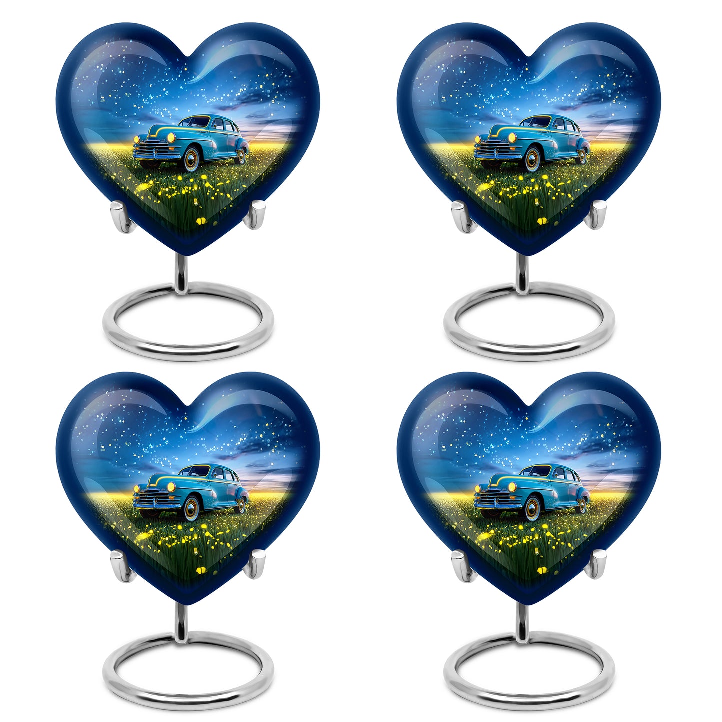 Twilight Blue Car Cremation Urn angled view of lid and engraved motif - compassionate heart-car combination with gentle curves - 10 inch aluminum urn for cremated remains