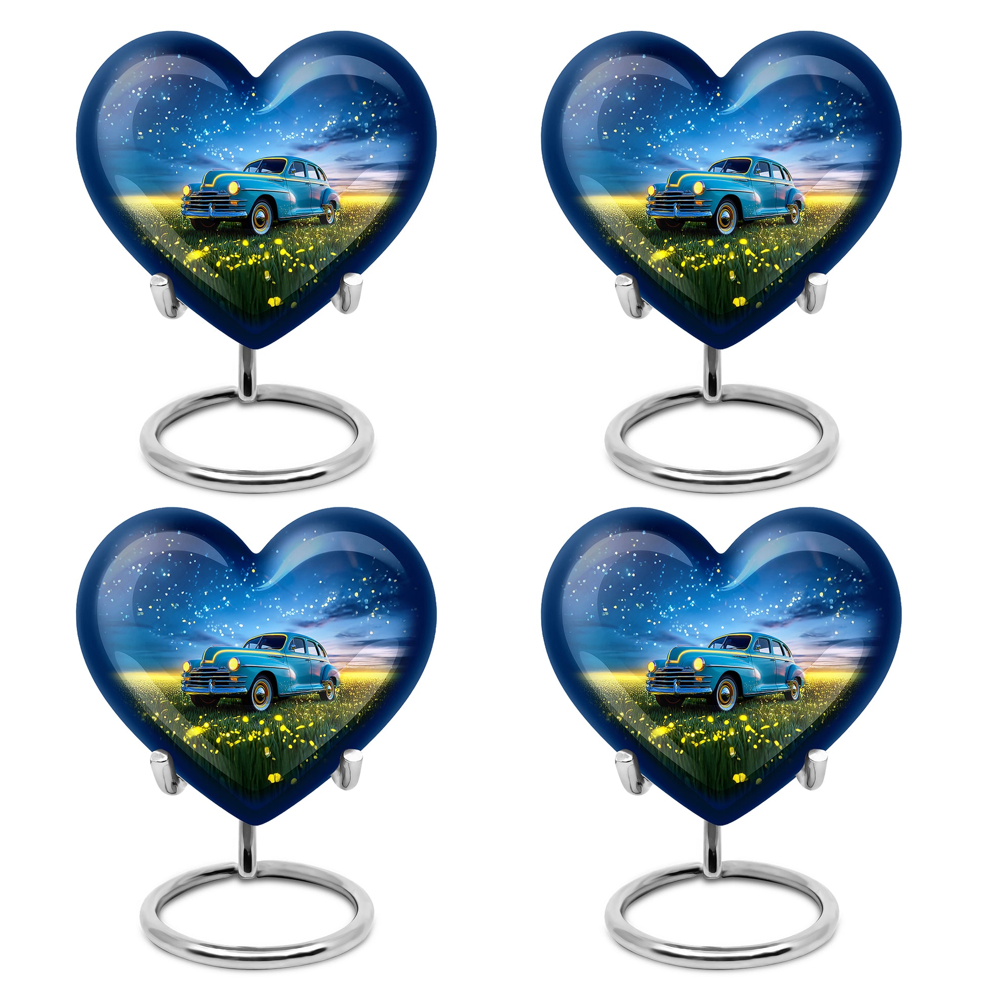 Twilight Blue Car Cremation Urn angled view of lid and engraved motif - compassionate heart-car combination with gentle curves - 10 inch aluminum urn for cremated remains