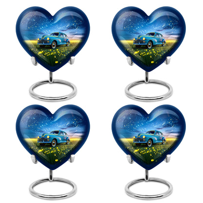 Twilight Blue Car Cremation Urn angled view of lid and engraved motif - compassionate heart-car combination with gentle curves - 10 inch aluminum urn for cremated remains
