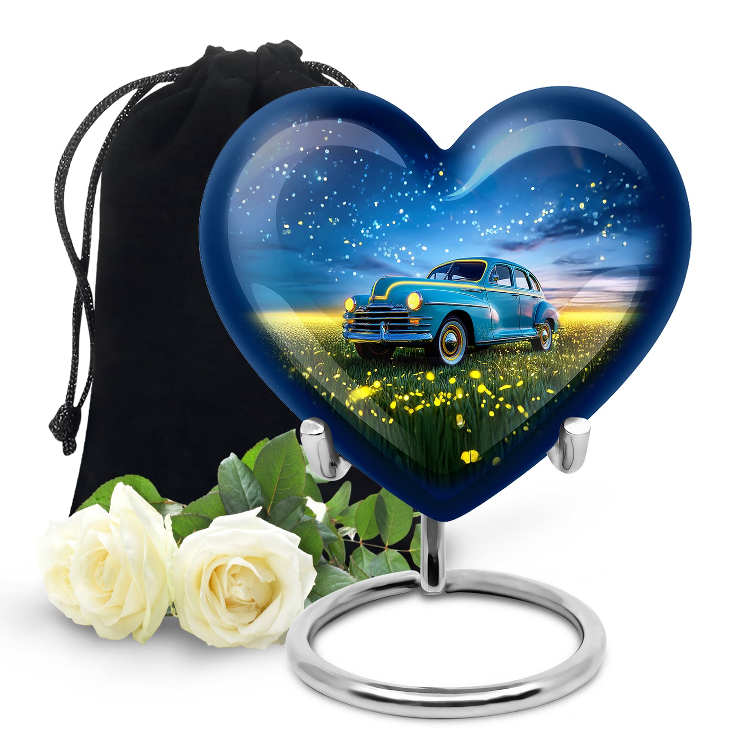 Sapphire Blue Car Cremation Urn detail view - compassionate heart-car combination with gentle curves - full-size 10 inch 200 cubic inch adult cremation urn