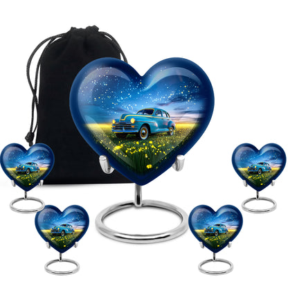 Royal Blue Car Cremation Urn close-up of engraving and surface detail - romantic heart urn with car motif on aluminum - memorial set with one large and four small urns