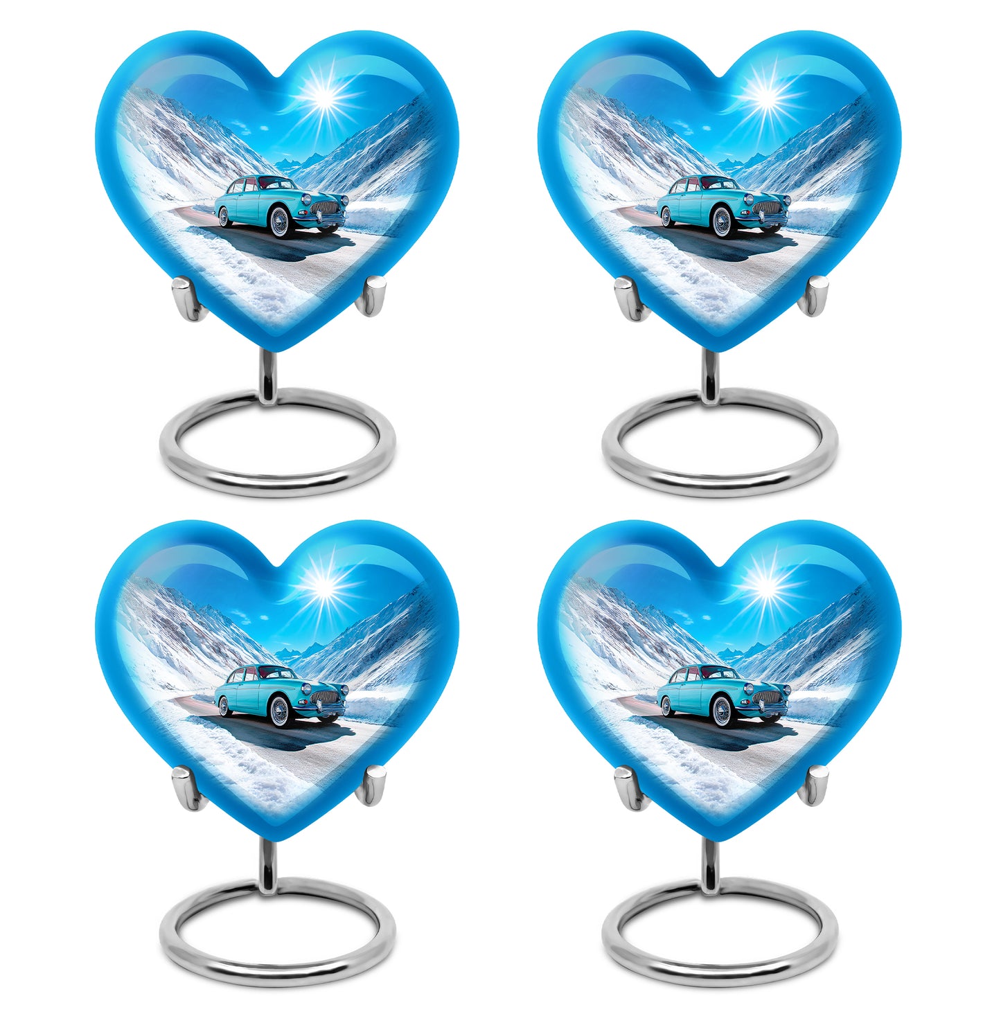 Indigo Car Cremation Urn angled view of lid and engraved motif - loving heart memorial featuring car pattern - 10 inch aluminum urn for cremated remains