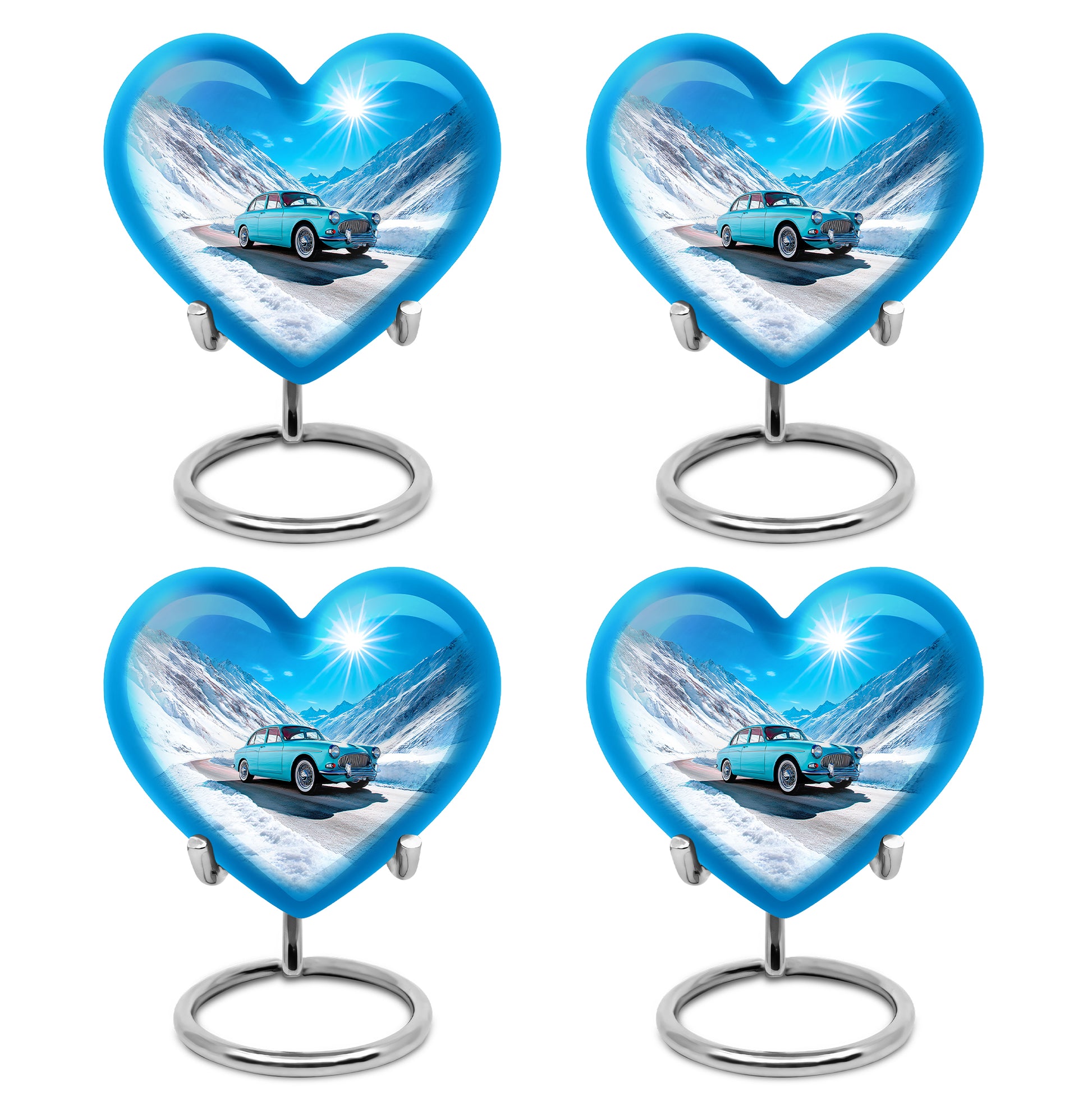 Indigo Car Cremation Urn angled view of lid and engraved motif - loving heart memorial featuring car pattern - 10 inch aluminum urn for cremated remains