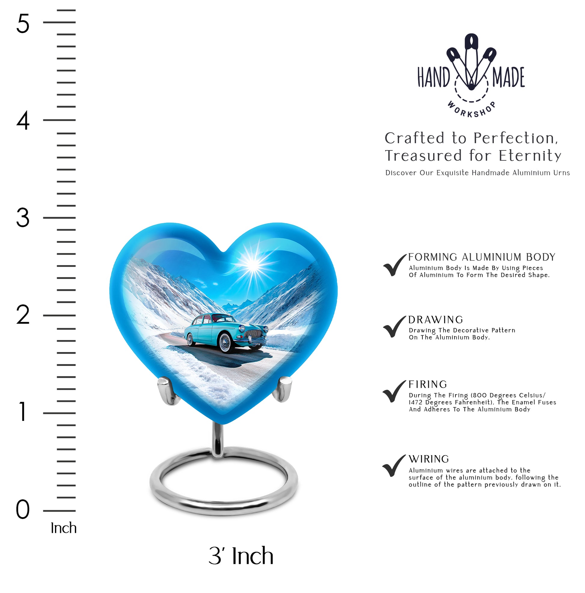 Sky Blue Car Cremation Urn front view showing detailed design - loving heart memorial featuring car pattern - mini keepsake memorial for portion of cremation ashes