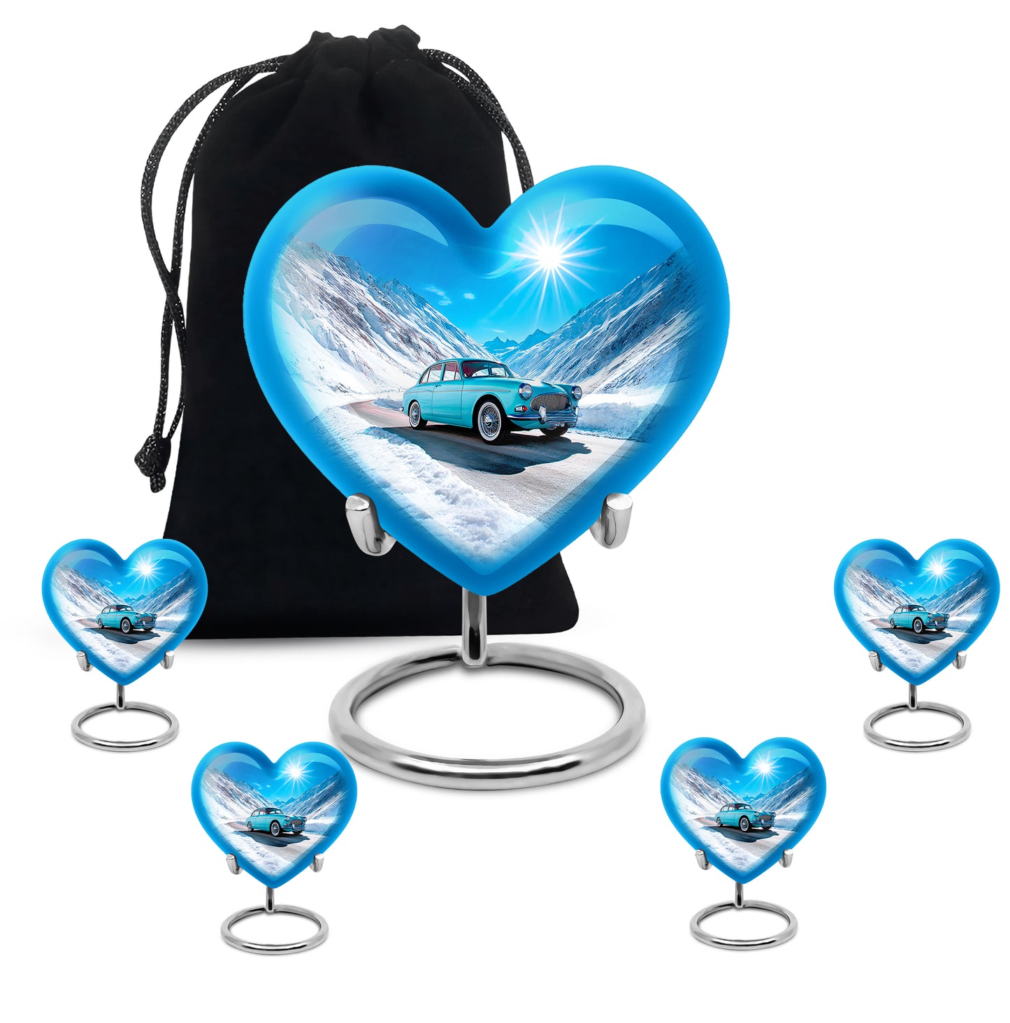 Pastel Blue Car Cremation Urn close-up of engraving and surface detail - heart-shaped car design symbolizing eternal love - memorial set with one large and four small urns